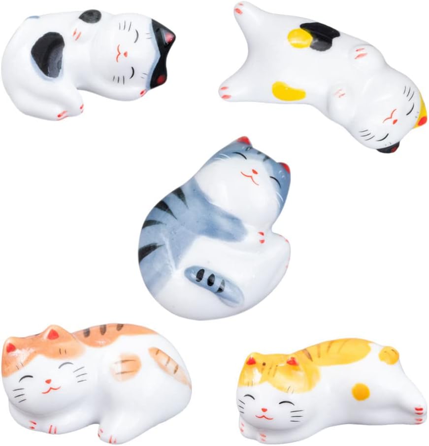BESTonZON 5 palillos de gato con soporte para pinceles de pintura china, estilo japonés, porcelana, lindo gato de la suerte, soporte para palillos