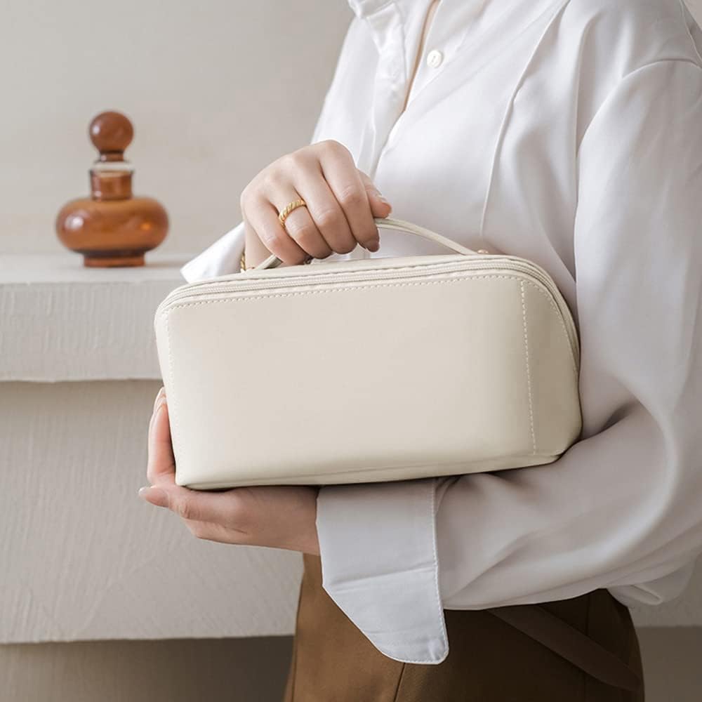 Baonmy Bolsa de cosméticos de viaje de gran capacidad, bolsa de maquillaje de doble capa, portátil, impermeable, de piel sintética, bolsa de