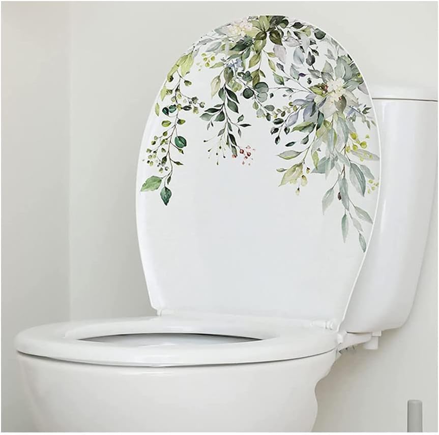 Calcomanías para tapa de inodoro con hojas verdes, hojas verdes, flores, hojas verdes, calcomanías de pared autoadhesivas, adhesivo de pared de