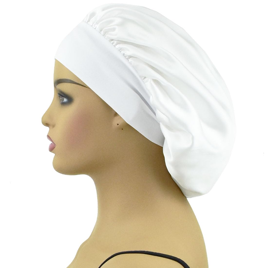AILONSHAWN Gorro de satén para cabello rizado, gorro de seda para dormir, gorro de seda para dormir, gorra de seda blanca de banda ancha para la