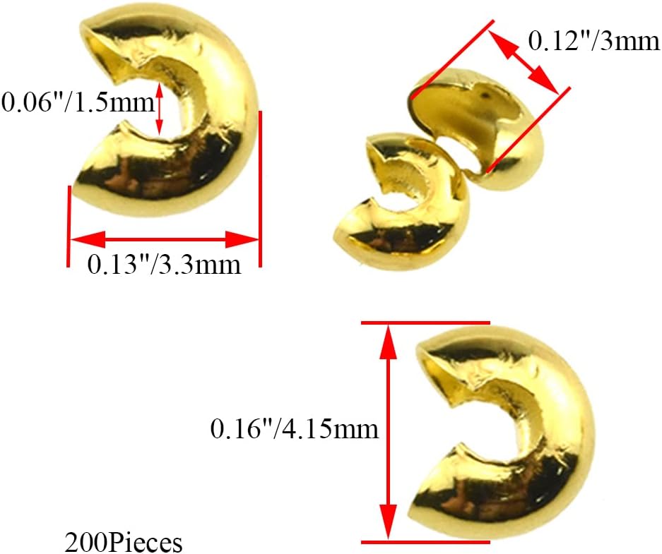 200 cuentas de crimpado de 0.12 pulgadas (0.118 in) de cobre dorado medio redondo, material de cuentas de crimpado abierto para fabricación de joyas
