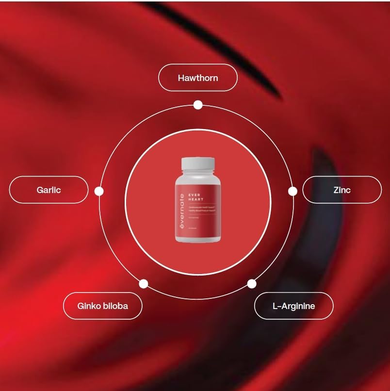 Ever Heart – Suplemento de apoyo para la presión arterial, combinación de ajo, espino, ginkgo biloba, zinc y L-arginina, sin OMG, sin gluten, fácil