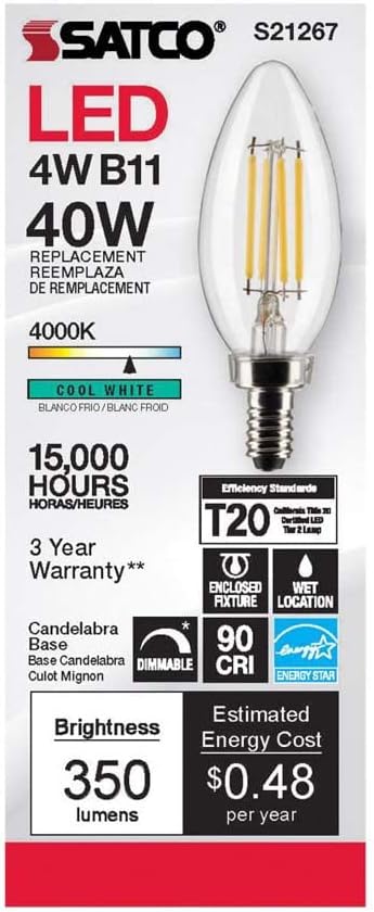 Satco 6Pk 4w B11 LED 4000K Candelabro Base regulable – 40W equiv