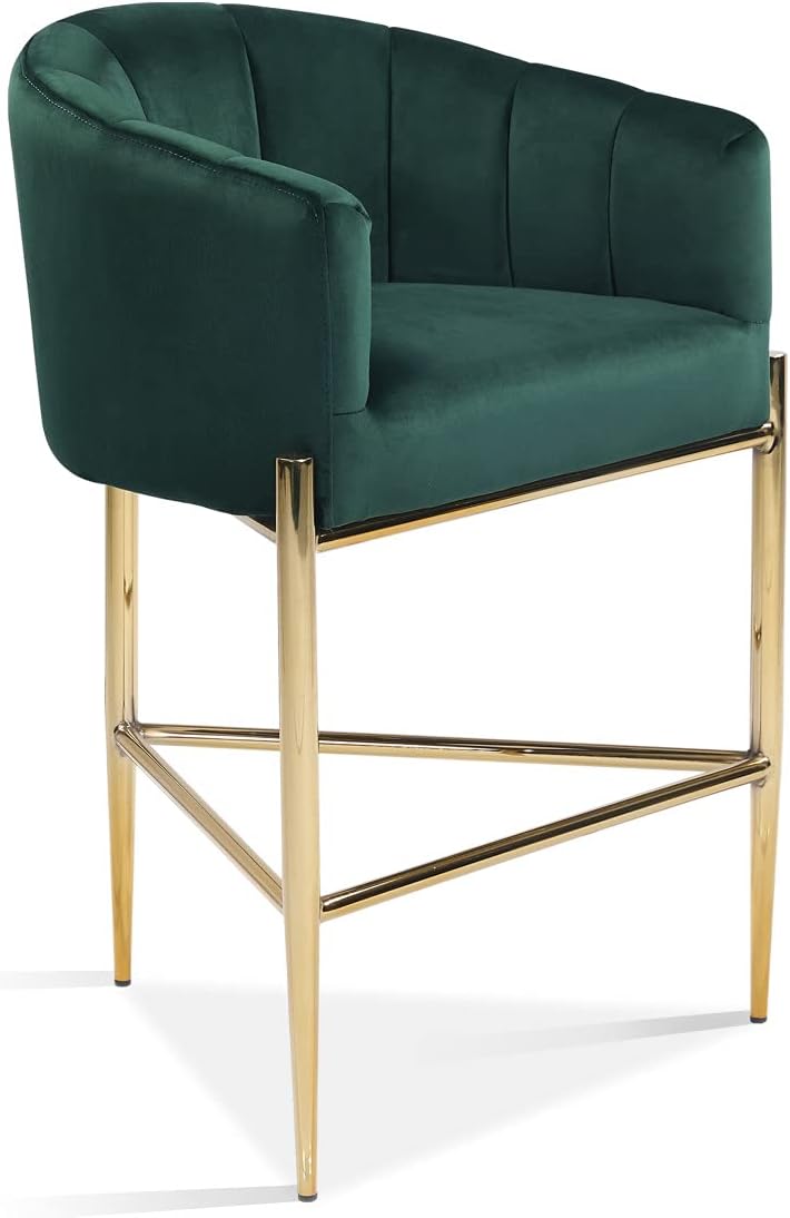 Iconic Home Cyrene – Taburete para mostrador, tapizado de terciopelo, diseño de carcasa de brazo de refugio, 3 patas, tono dorado, base de metal