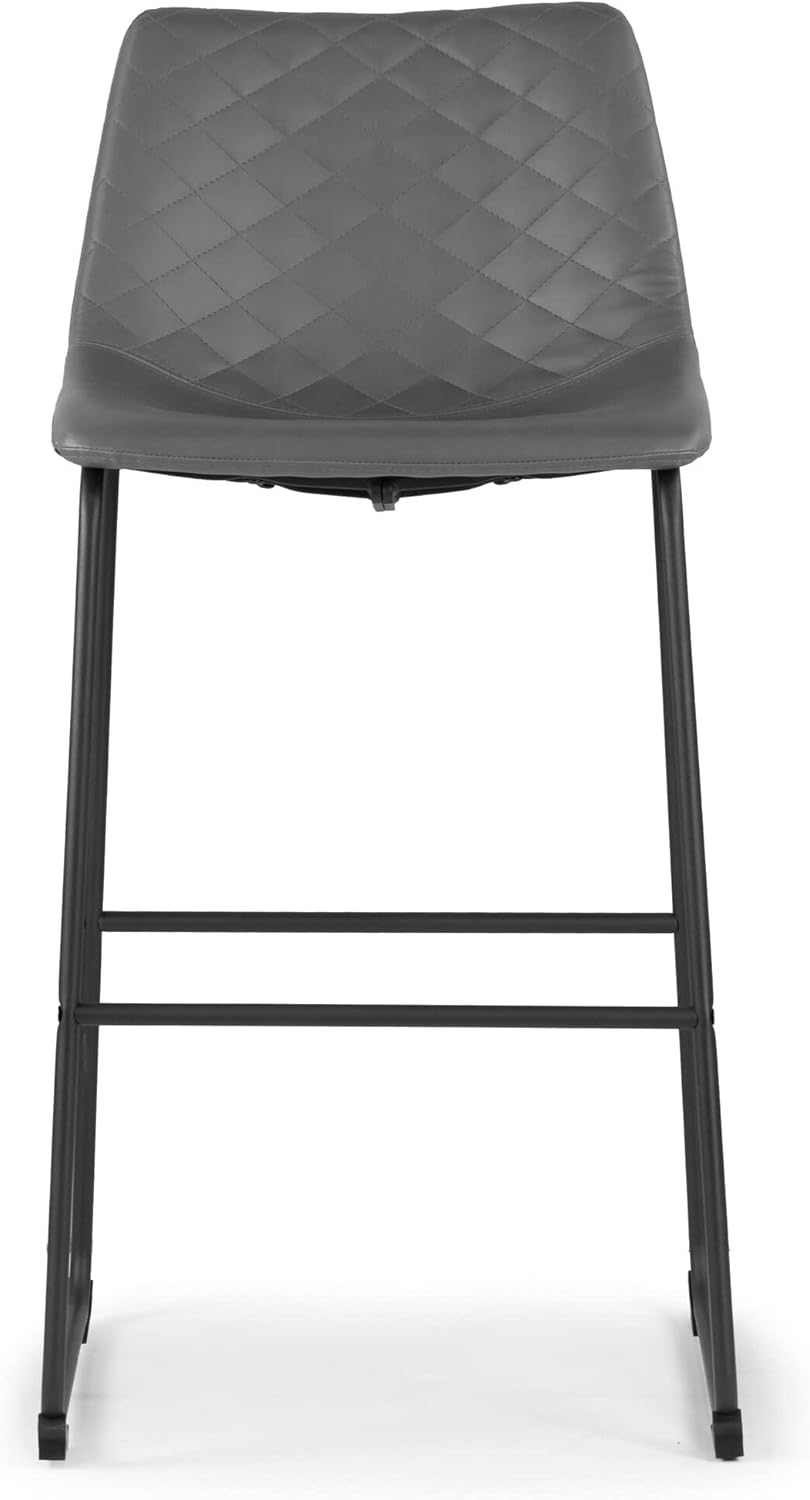 Juego de 2 taburetes de bar Ave de cuero gris con estructura de hierro con costuras modernas y contemporáneas con acabado de metal tapizado
