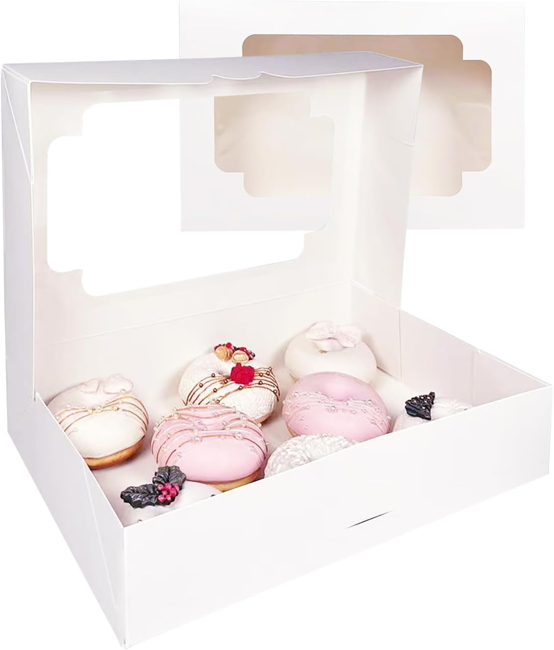 qiqee Caja de galletas blanca desplegable automática con ventana de 12 x 8 x 2.5 pulgadas, 32 paquetes de dos usos en un segundo plegable para