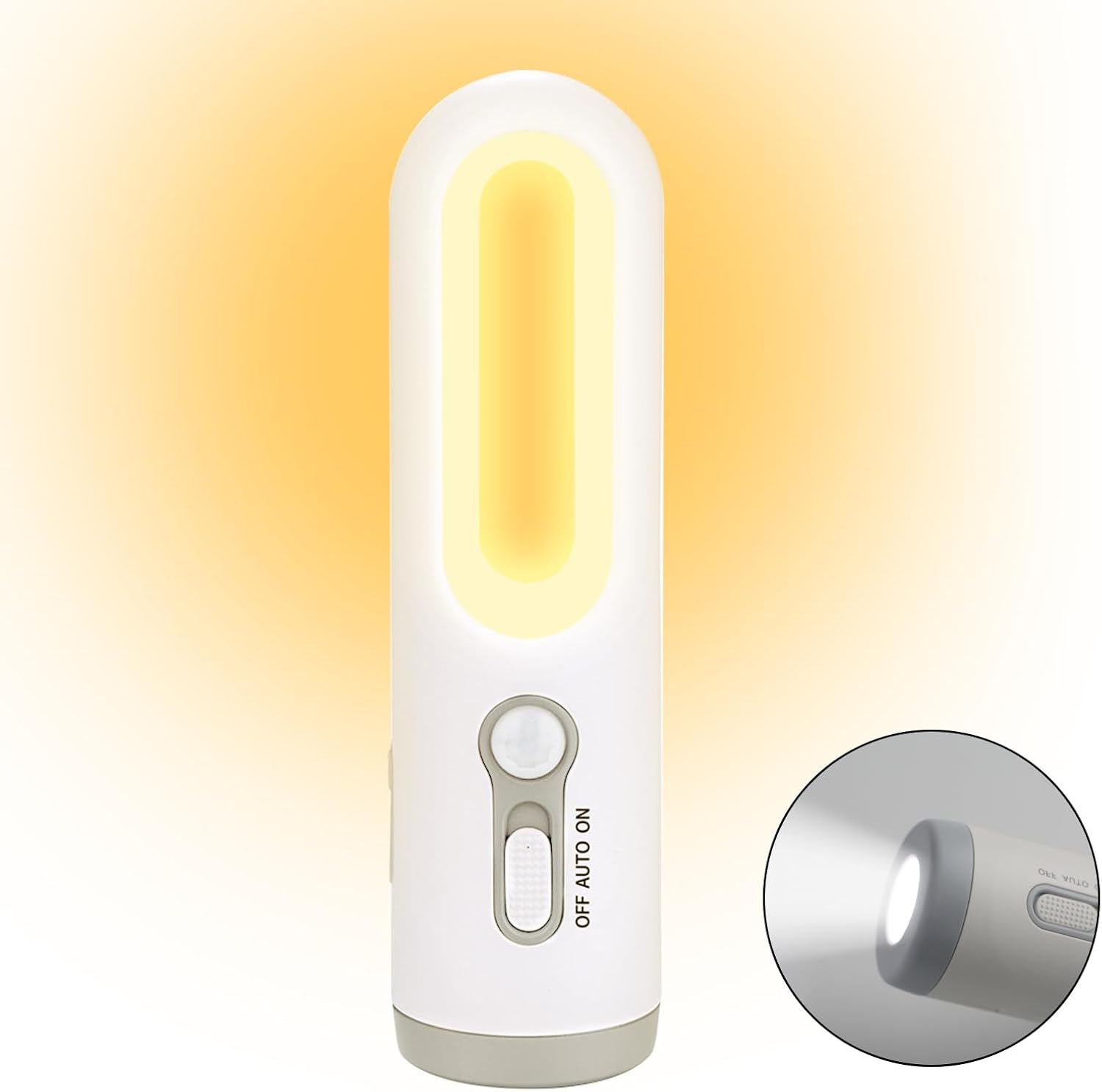 Luz nocturna recargable con sensor de movimiento, 2 en 1 LED, linterna portátil blanca cálida, temperatura de color, 2800 K, sensor de atardecer a