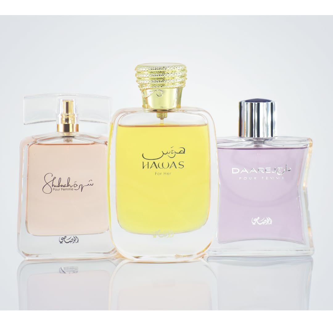 RASASI Hawas Mujeres y, Daarej Mujeres EDP 100ML (3.4 oz) y Shuhrah Mujeres EDP 90ML xtra valor premium-female