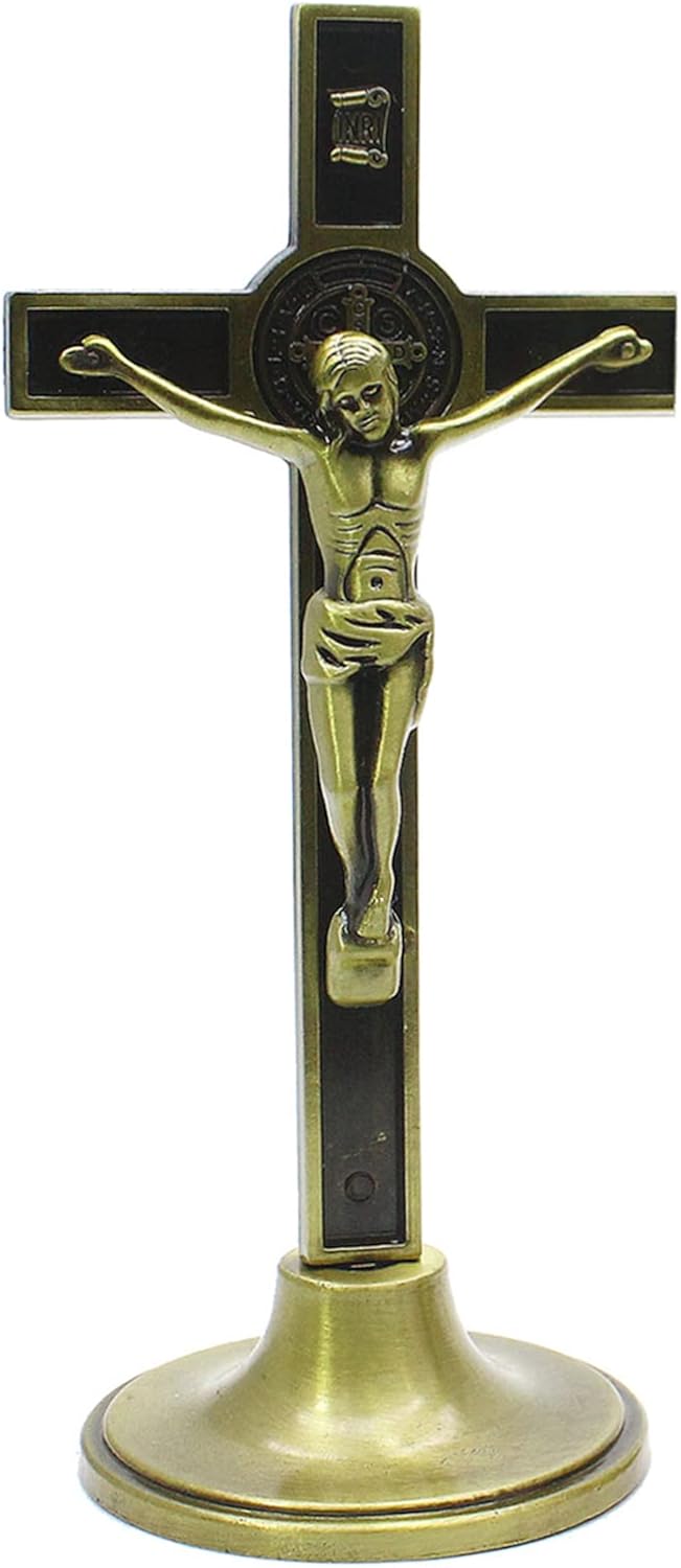 Crucifijo de pie con soporte desmontable, 4.5 pulgadas de metal católico de Jesucristo Cruz de Jesús estatua escultura para el hogar, oficina,