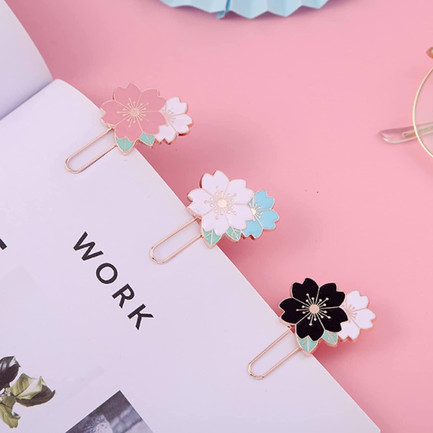 7 clips de papel de cerezo con diseño de flores, bonitos y coloridos girasoles, margaritas y Sakura, accesorios para suministros de oficina,