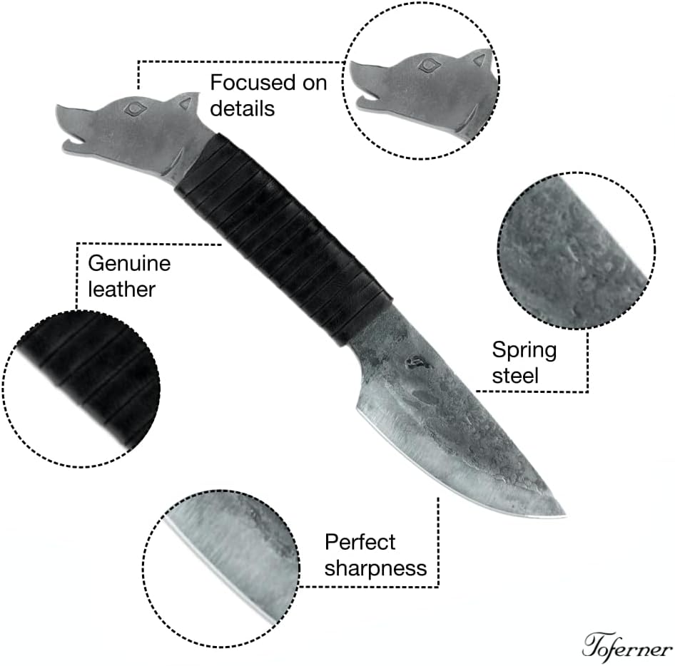 Toferner Cuchillo de regalo original – Lobo – Negro – Cuchillo forjado a mano – Deportes – Hoja endurecida a mano Hermoso producto. Longitud total