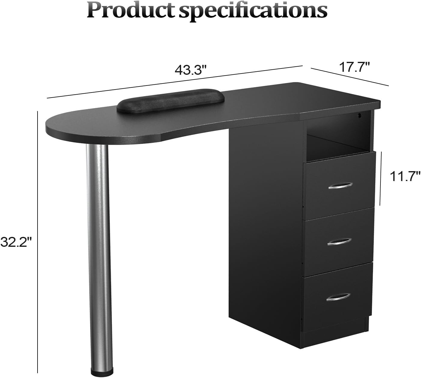 Mesa de manicura con 3 cajones y cojín para reposamuñecas para tecnología de uñas, salón de belleza, spa, hogar, estación de trabajo de técnico de