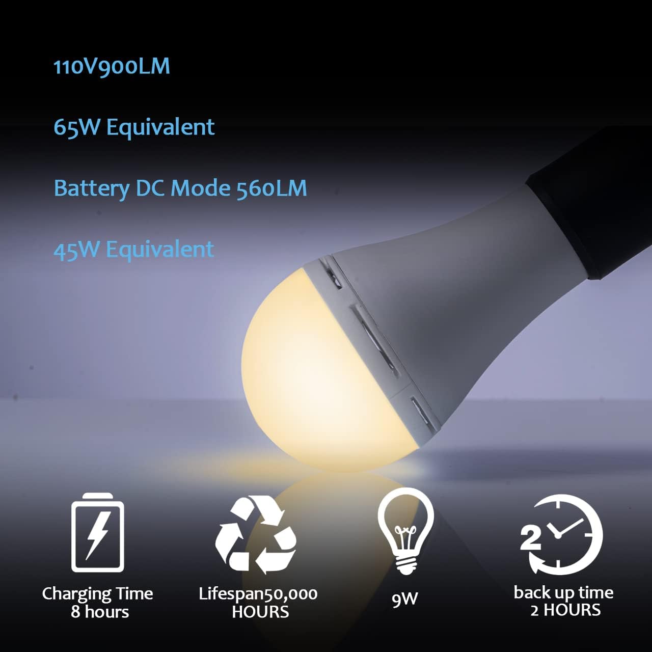Bombillas LED recargables A21 de 9 W (equivalente a 60 W), blanco cálido, 3000 K, luz de emergencia multifunción para batería de reserva para cortes