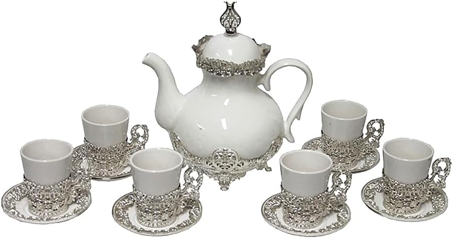 Juego de 6 tazas de té de porcelana persa iraní, turco, árabe, clásico, con platillos de tetera, grandes asas de metal de Oriente Medio árabe blanco