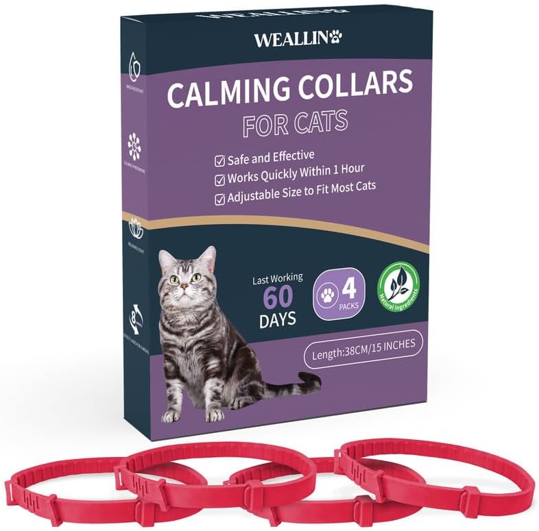 4 paquetes de collar calmante para gatos, collar calmante para gatos, alivio de la ansiedad y la agresión, collar de feromonas del estrés para