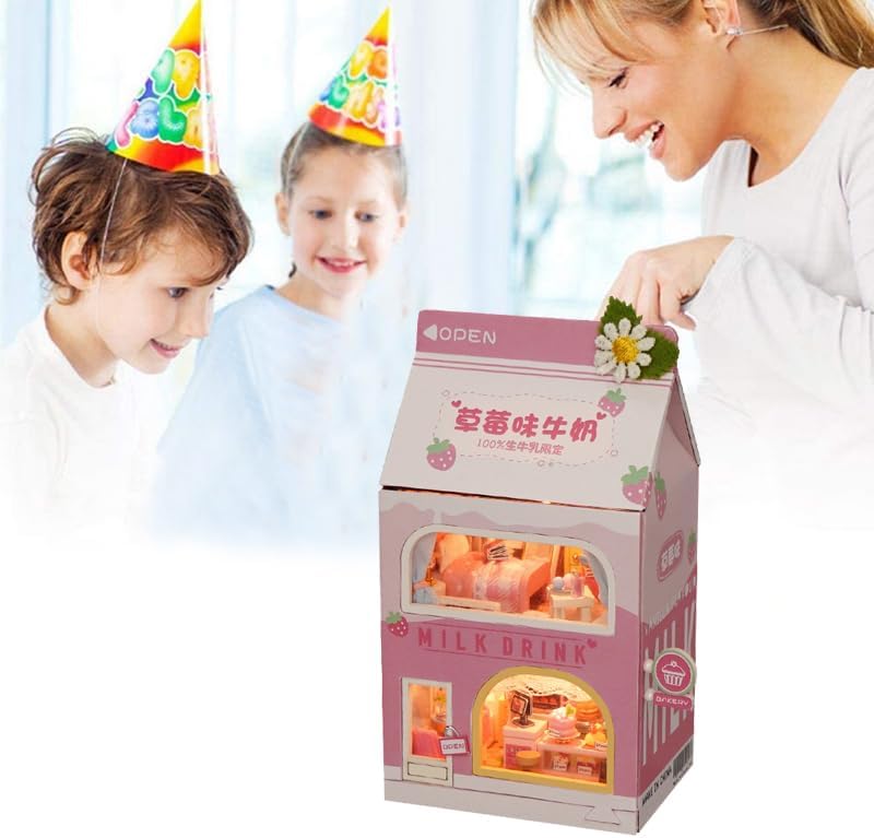 Kit de casa de muñecas en miniatura, casa de muñecas de madera para casa de muñecas con forma de cartón de leche, kits de muebles con luces LED para