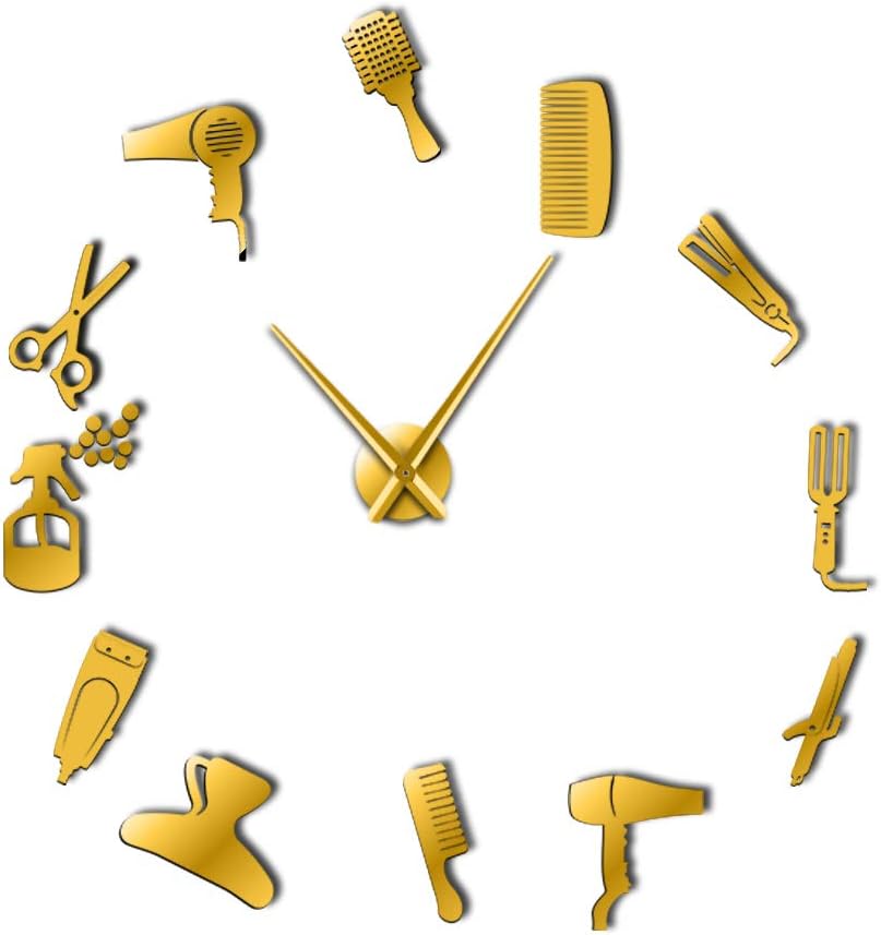 DIY Barbería Reloj de pared gigante con efecto espejo Barbería Toolkits Decorativo sin marco Reloj Peluquero Peluquero Arte de pared (dorado)