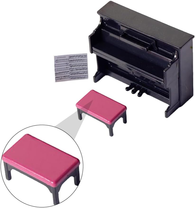 Piano de casa de muñecas, mini juguete de piano vertical, de simulación en miniatura, piano vertical de plástico con taburete y partitura musical,