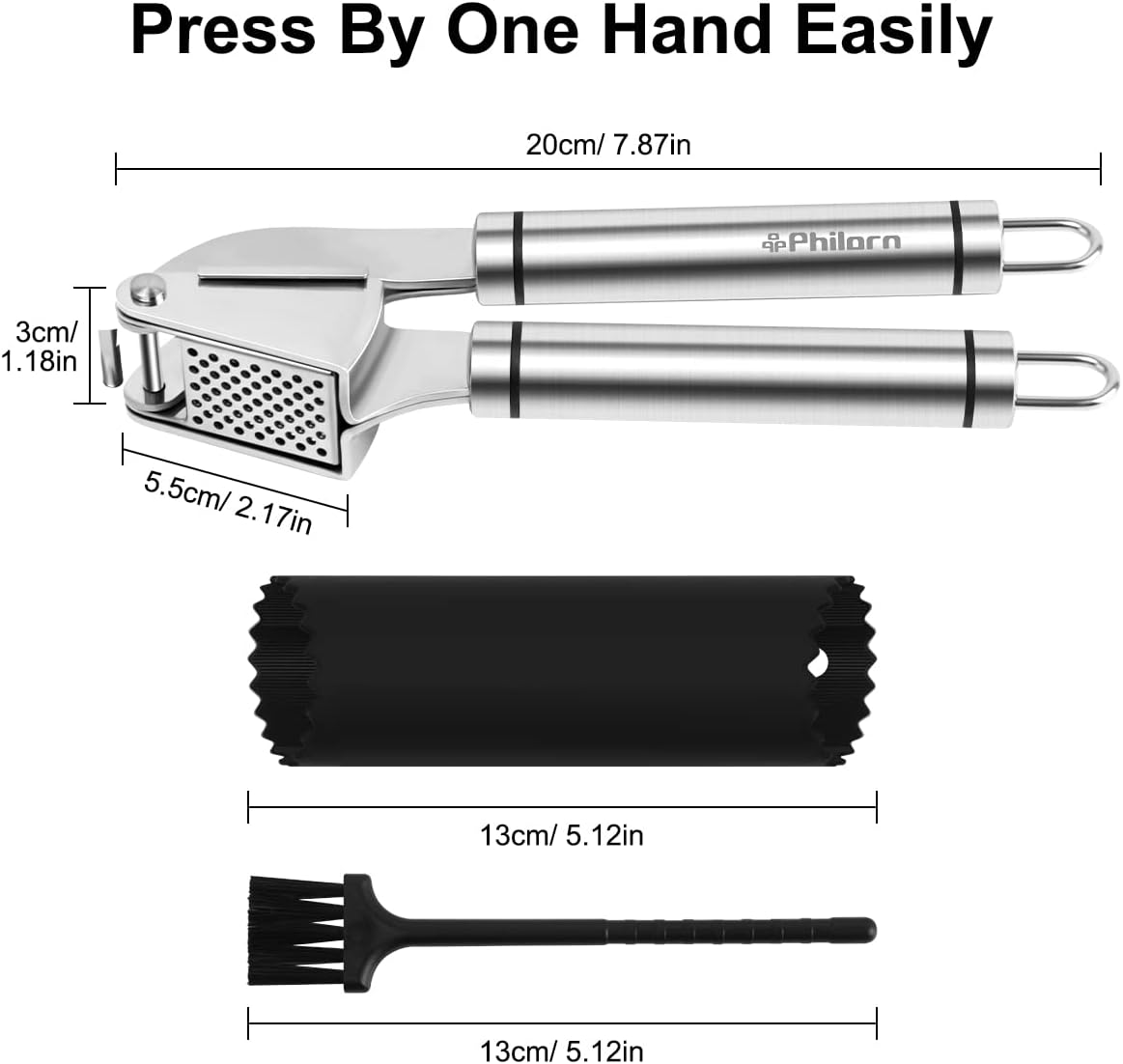 Philorn Trituradora de prensa de ajo de acero inoxidable profesional para cocina, picadora de jengibre, exprimidor de ajo, fuerte y duradera, fácil