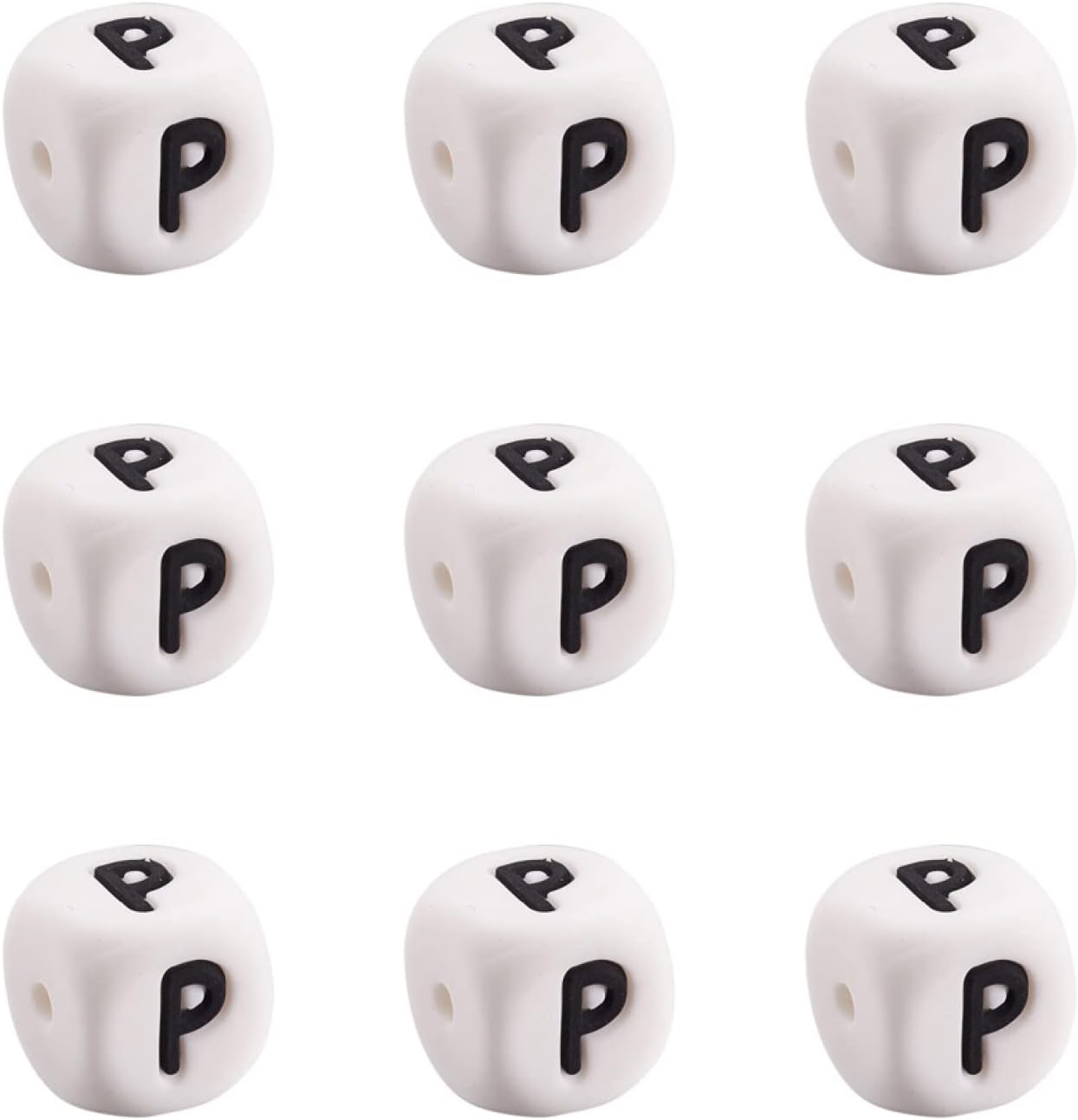 10 cuentas de silicona en forma de cubo de silicona con la letra P, cuentas sueltas cuadradas del alfabeto, cuentas del alfabeto, 0.472 x 0.472 x