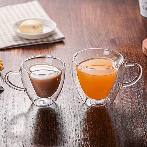 Juego de 2 tazas de café con forma de corazón de vidrio de doble pared aisladas con mango cerrado, resistente al calor, perfecto para mantener tu