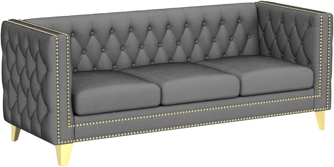 Sofá moderno de 3 plazas, sofá de terciopelo de 80 pulgadas, con botones cuadrados copetudos, sofá moderno para sala de estar, tapizado con botones