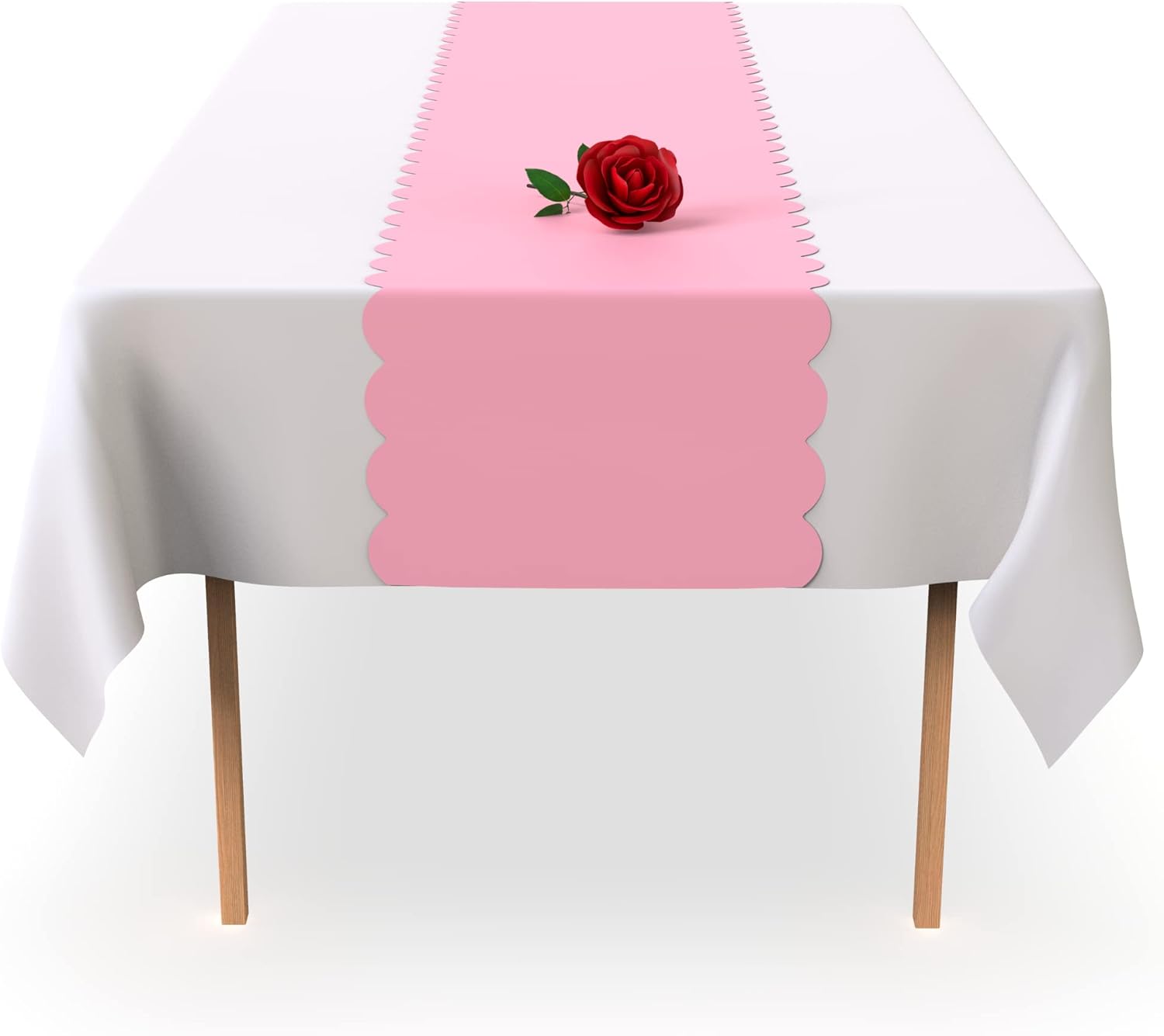 Camino de mesa desechable de plástico rosa claro. Paquete de 5 caminos de mesa de 14 x 108 pulgadas. El camino de mesa festoneado añade un toque de