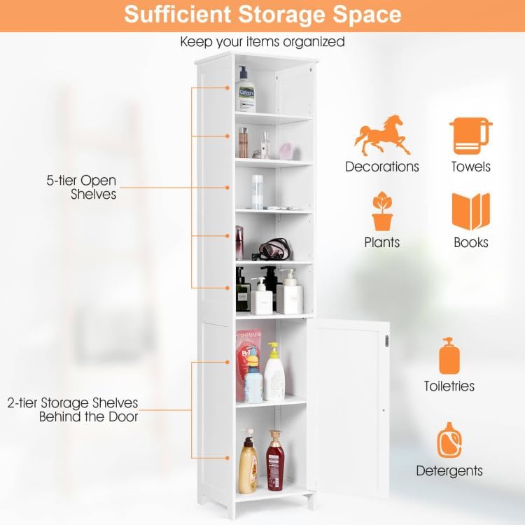 Safeplus Gabinete de almacenamiento de baño de 72 pulgadas de alto, organizador de torre independiente con estantes ajustables y puerta (blanco)