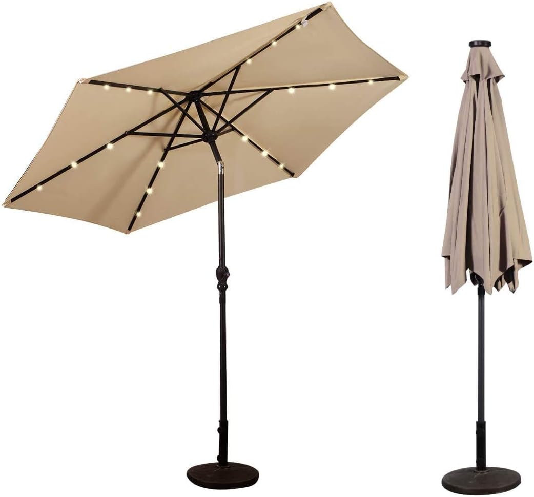 HAPPYGRILL Patio Umbrella with Solar Lights Outdoor Table Umbrella with Tilt Crank Sun Umbrellas for Market Garden Patio Poolside