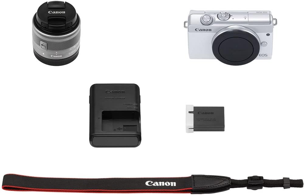 Canon Cámara digital sin espejo EOS M200 con lente de 0.591-1.772 in (blanco) (3700C009) + tarjeta de 64 GB + estuche + kit de filtro + software de