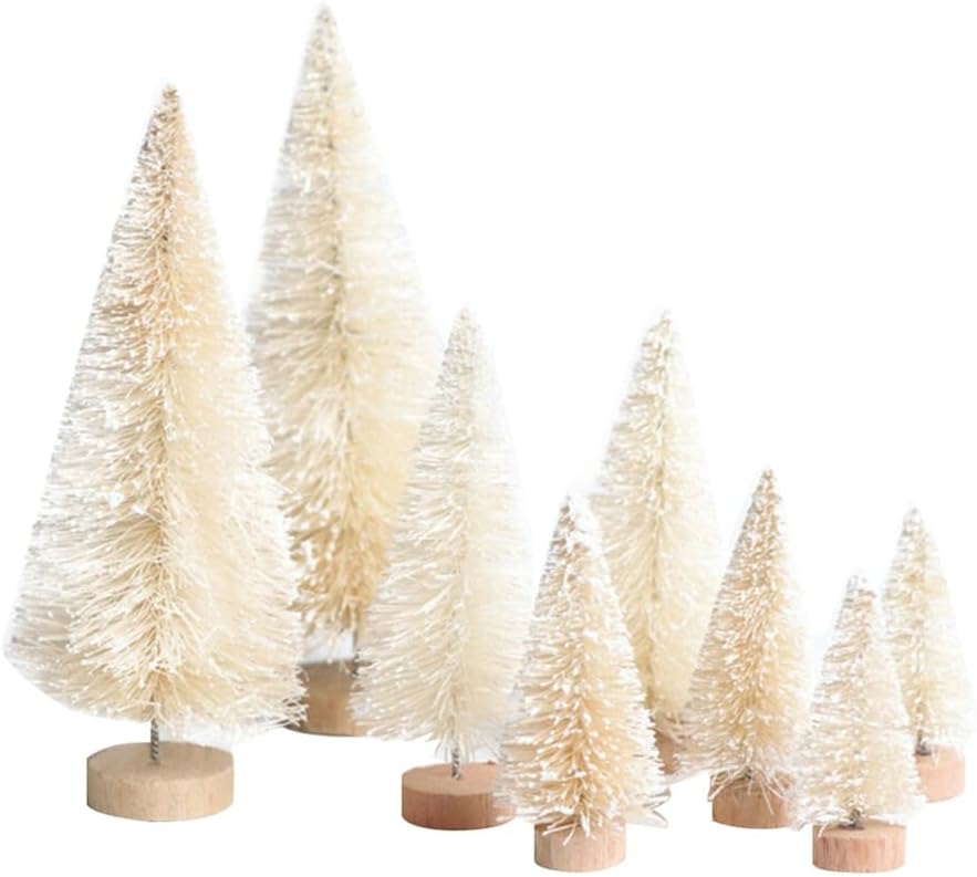 8 piezas de mini árbol de Navidad blanco, pequeños árboles de Navidad artificiales con base de madera, árboles de cepillo para botellas, árbol de