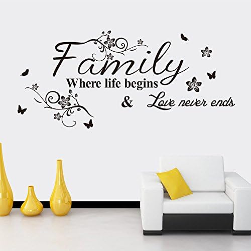 Calcomanías de pared inspiradoras con frases de amor, familia donde comienza la vida, mariposas, flores, calcomanías de pared para sala de estar,