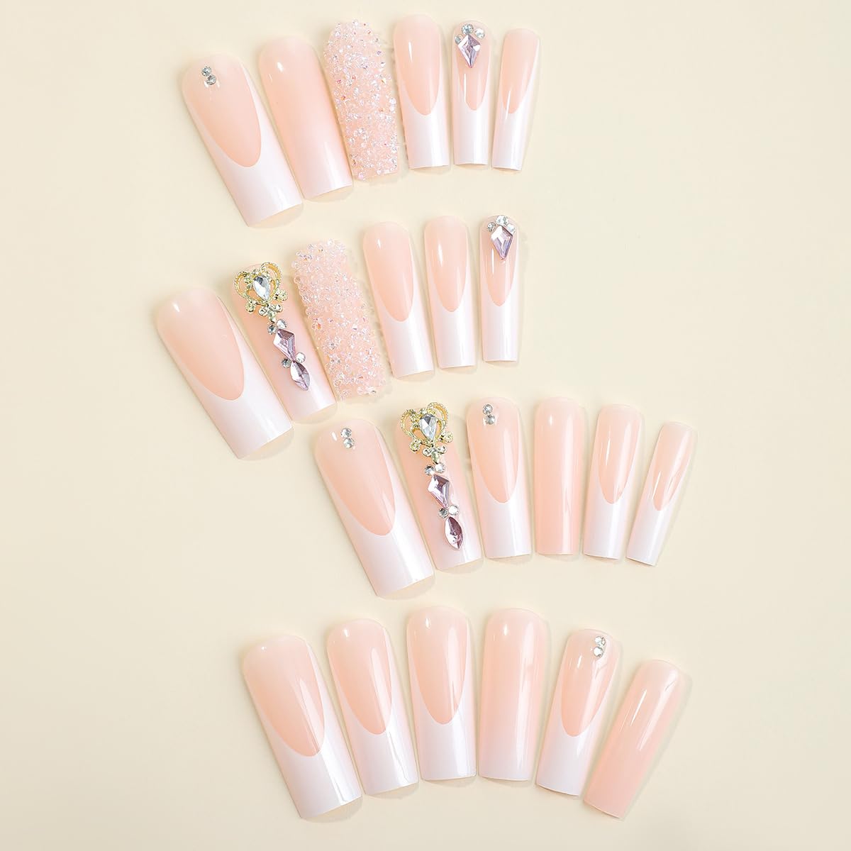 Uñas postizas largas cuadradas a presión con diamantes de imitación con diseño de amor, uñas postizas de punta francesa, uñas postizas acrílicas