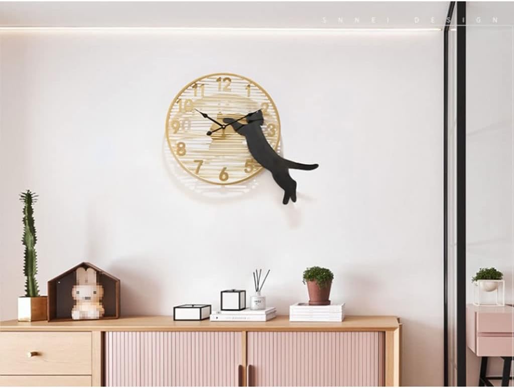 Reloj de pared Cat Wall Art Clock Modern Simple Silent Large Wall Clock Black & Gold Creative Wrought Iron Lines Wall Clock Funny Unique Gifts for