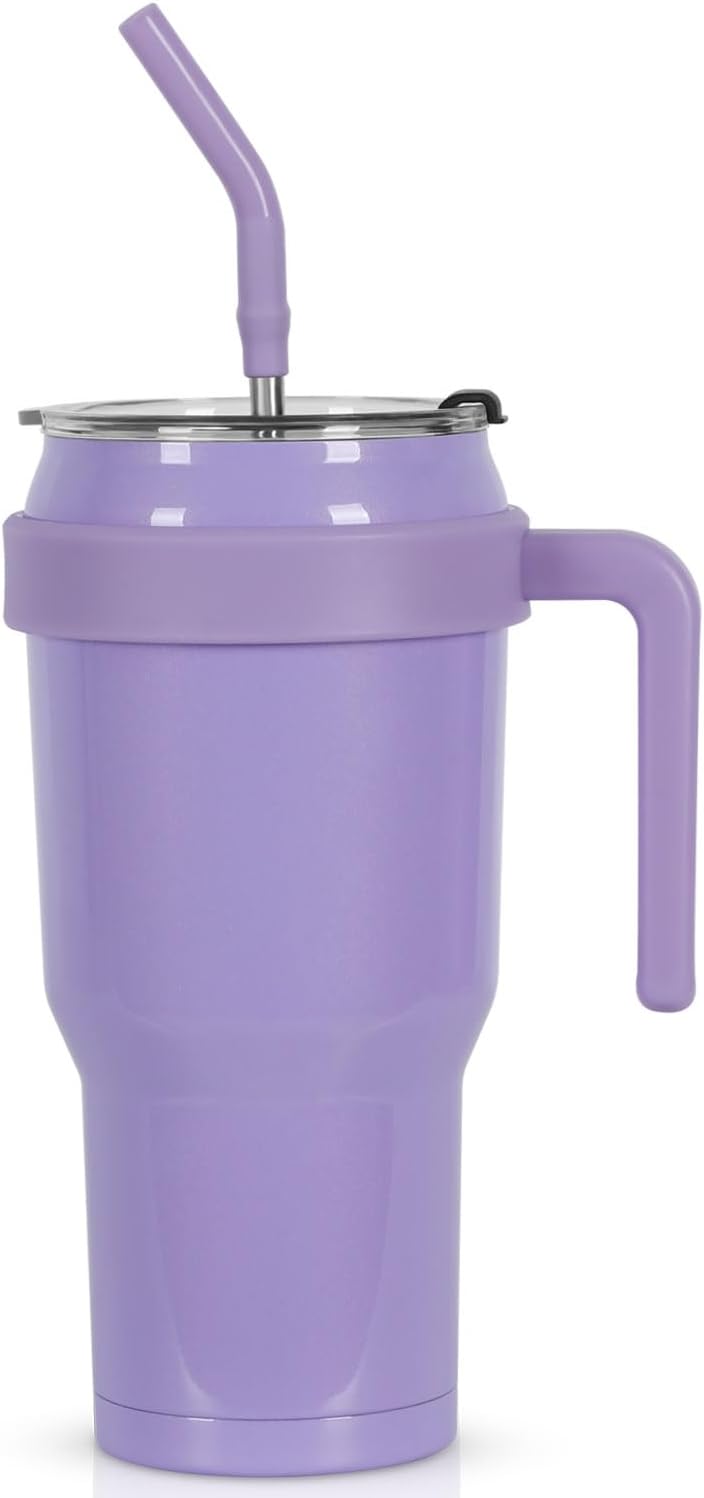 Vaso de 40 onzas con asa y pajilla, taza de acero inoxidable con doble aislamiento con asa, taza de café de viaje de 40 onzas con tapa a prueba de