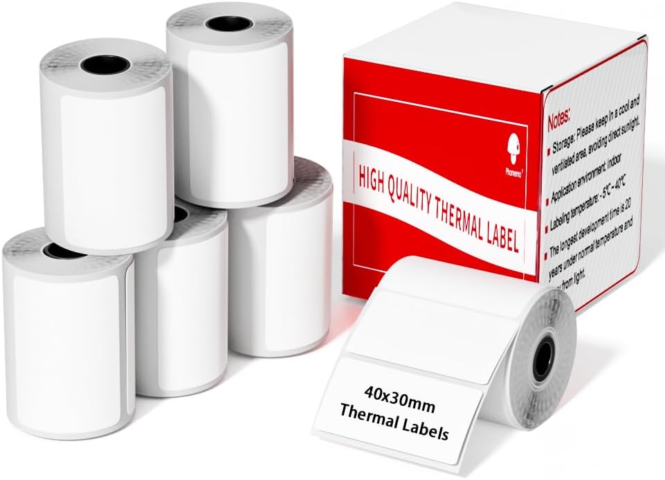 Etiquetas Phomemo de 6 rollos de etiquetas blancas, etiquetas térmicas autoadhesivas compatibles con impresora de etiquetas Phomemo