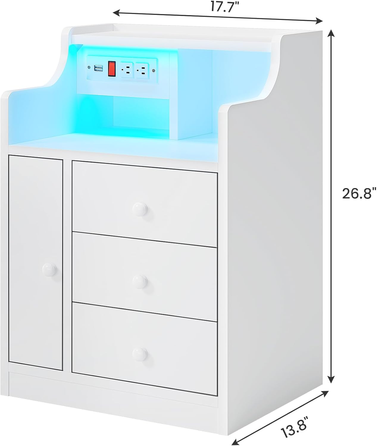 ADORNEVE Juego de 2 mesitas de noche blancas, mesita de noche LED con estación de carga, mesita de noche con cajones, mesa auxiliar moderna de