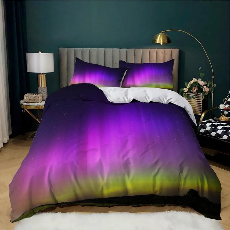 Juego de funda de edredón tamaño individual con estampado de paisaje de Aurora morada, funda de edredón de microfibra suave y 2 fundas de almohada