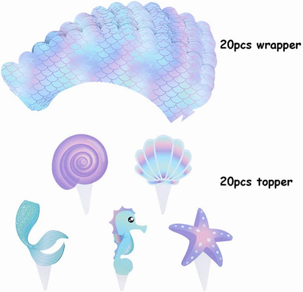40 adornos y envoltorios para cupcakes de doble cara de sirena, decoración temática de sirenita para baby shower, bajo el mar, fiesta de cumpleaños