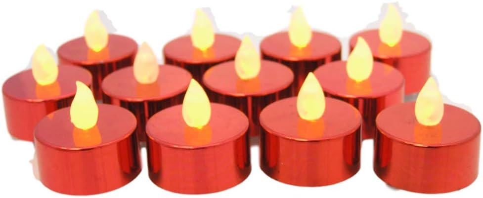 BANBERRY DESIGNS Velas de té LED rojas, juego de 12 velas de té rojas metálicas sin llama, funciona con pilas, decoración de mesa para bodas,