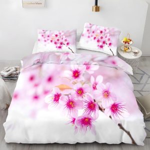 Juego de funda de edredón tamaño individual con estampado de plantas y flores de durazno rosa, funda de edredón de microfibra suave y 2 fundas de Juego de funda de edredón tamaño individual con estampado de plantas y flores de durazno rosa, funda de edredón de microfibra suave y 2 fundas de