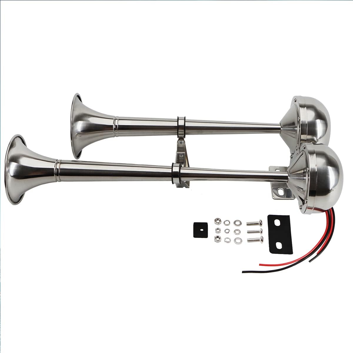 Bocinas de barco de 12 V, cuerno de trompeta de barco marino de acero inoxidable pulido, tono bajo y alto BANHAO con soporte ajustable, bocina de