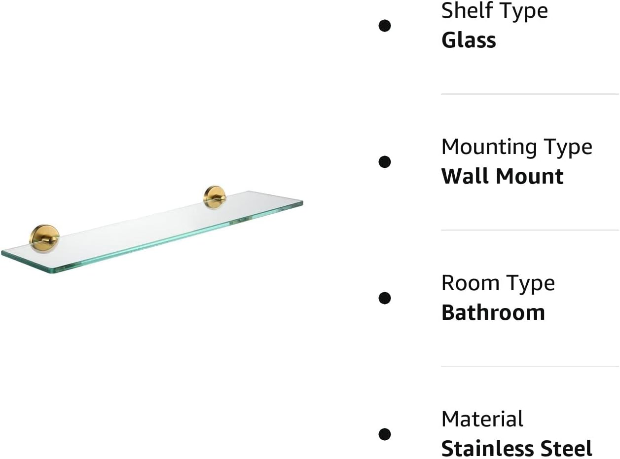 JQK Estante de vidrio para baño dorado, almacenamiento de ducha de vidrio templado de 20 por 5 pulgadas, montaje de pared dorado cepillado de acero