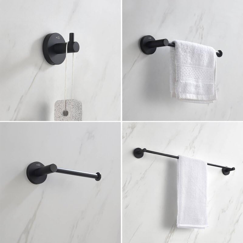 KIBI Juego de accesorios de baño circulares de 5 piezas  Toallero, anillo para toallas, soportes para papel higiénico, ganchos para bata (negro
