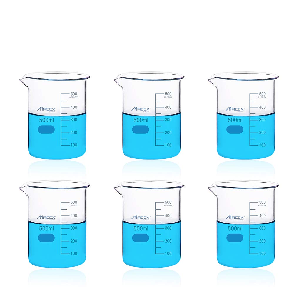 BKL500-006 – Vaso de vidrio resistente de 16.9 onzas (16.9 fl oz), forma baja de borosilicato 3.3 con graduación impresa, paquete de 6 unidades