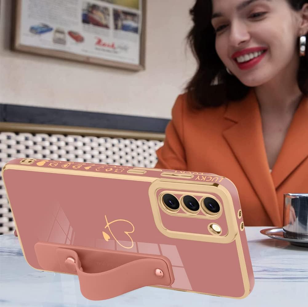 ZIYE Funda galvanizada de lujo para Galaxy S21 Plus 5G con correa chapado en corazón dorado para mujeres y niñas, antiarañazos, a prueba de golpes,