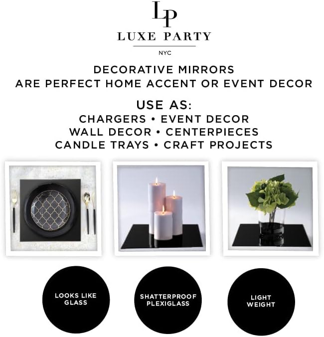LUXE PARTY Paquete de 12 placas de carga de espejo cuadrado  Ligero  Vajilla decorativa  Cena  Boda  Eventos  Configuración de mesa  Negro