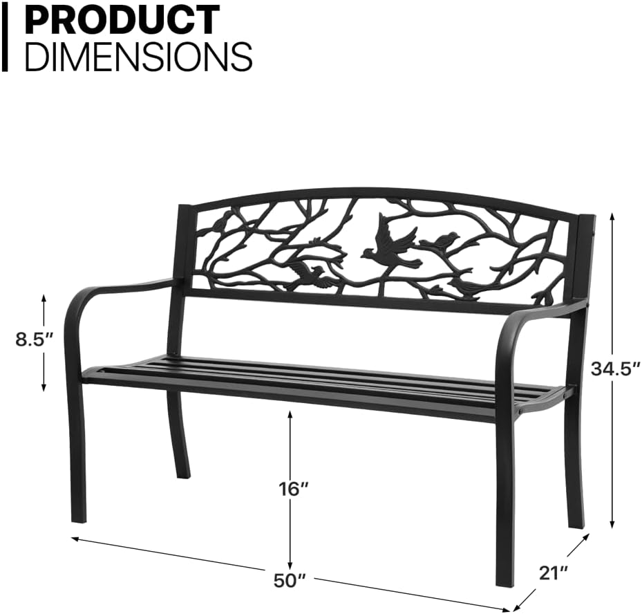 MoNiBloom Banco de exterior para jardín, patio, porche, muebles de aluminio ligero y resistente de 50 pulgadas con marco de metal de acero de