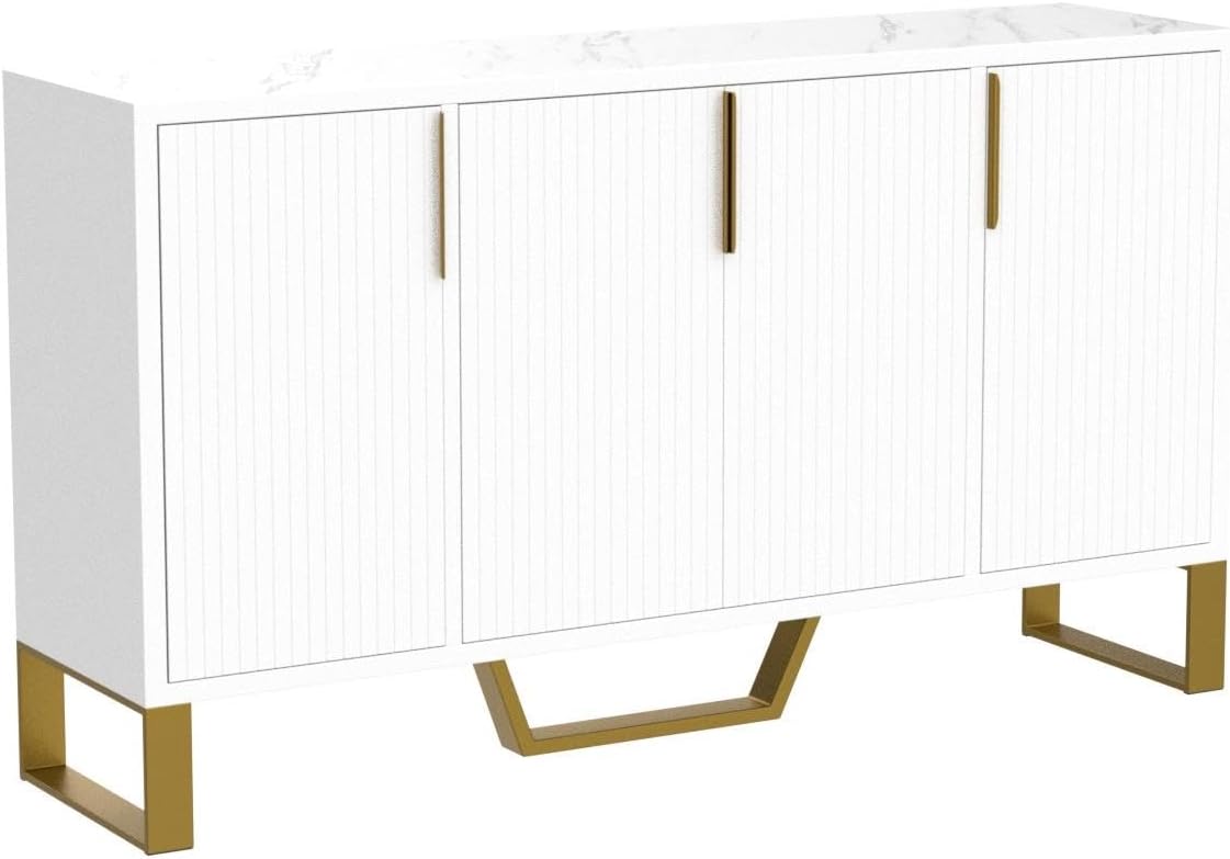 P PURLOVE Aparador moderno con cuatro puertas, armario de madera con estante ajustable, mesa de cocina con almacenamiento con patas de metal para
