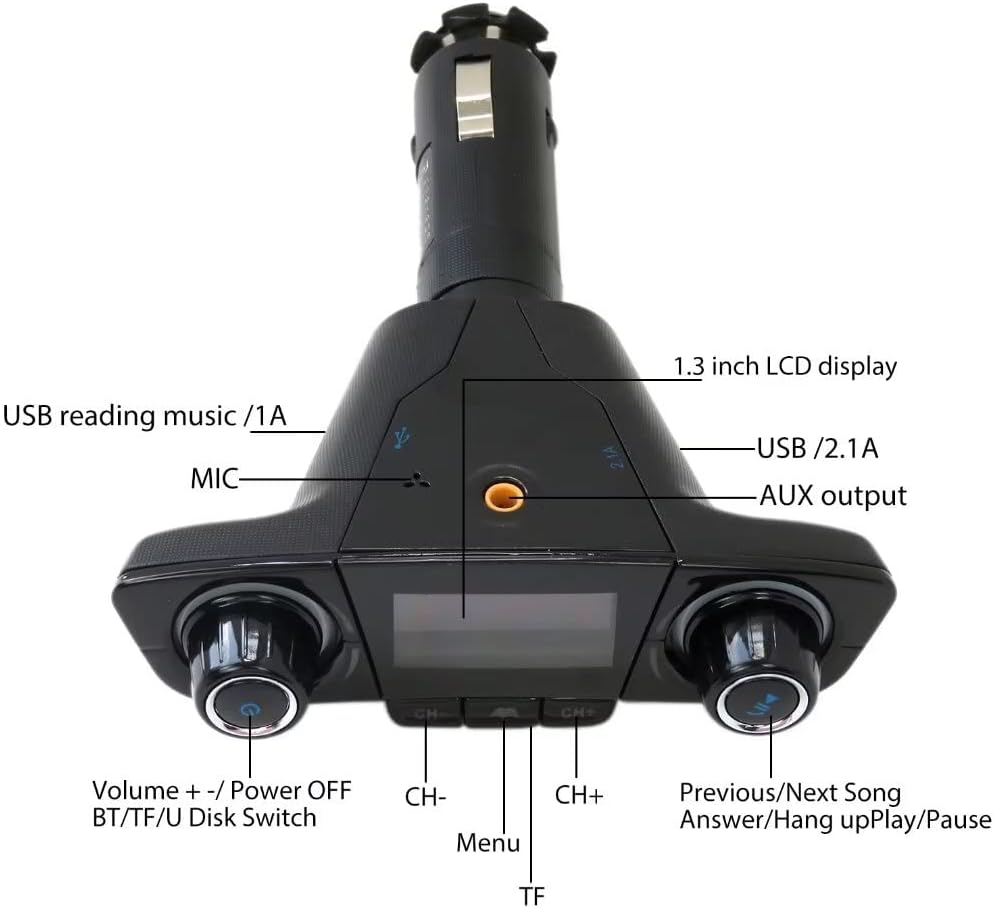 Bluetooth inalámbrico coche transmisor FM reproductor de MP3 manos libres kit adaptador de radio USB cargador soporte AUX puerto 5V 2.1A puerto USB